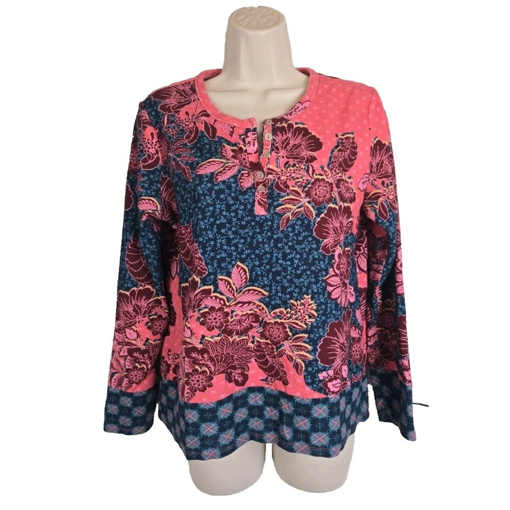 Sundance Red Teal Floral Owl Print Thermal Henley Top L Waffle Women Long Sleeve